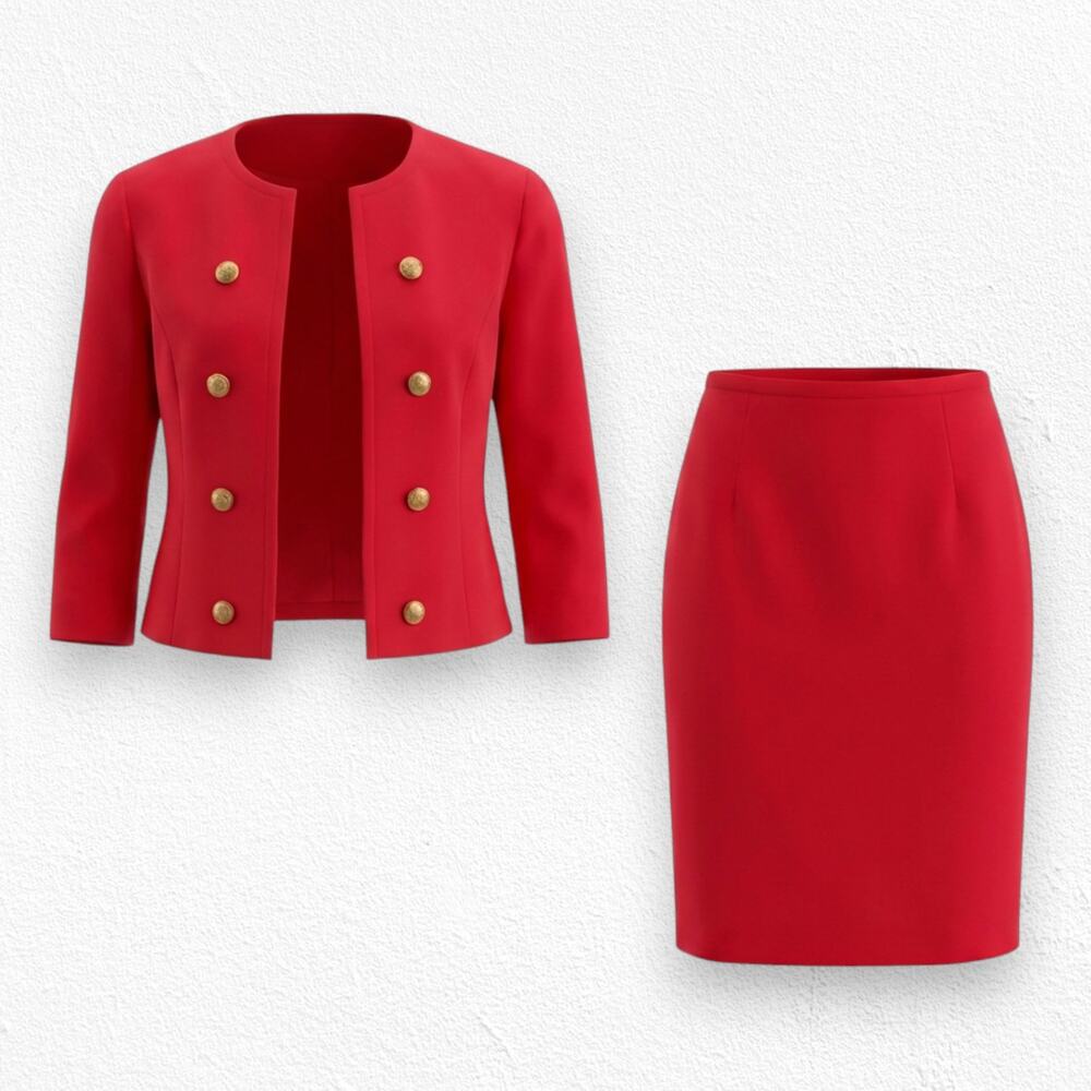 50s Vintage Red Open Front Double Breasted Blazer Pencil Skirt Wool Set Size 2